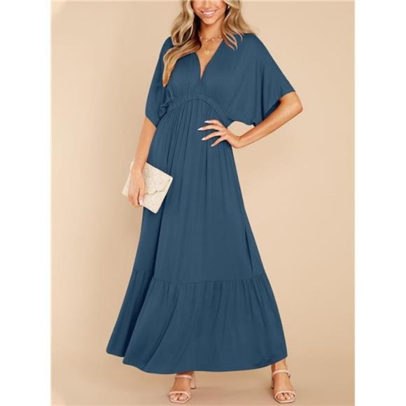 Women’s Summer V Neck Batwing Short Sleeve Loose High Waist Flowy Maxi Dress - Picture 3 of 7